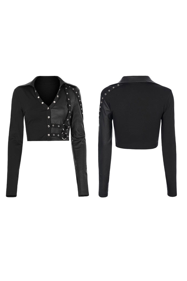 Black Gothic Super Cool Slim Fit Strap Sexy Cropped Pullover Long Sleeve Women's Polo Tee - Product - 5