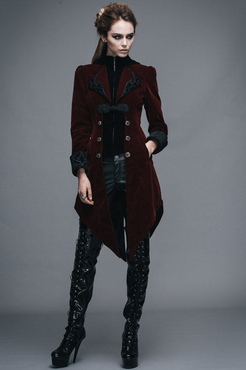 Red Embroidered High Collar Party Womens Gothic Coat - Product - 5