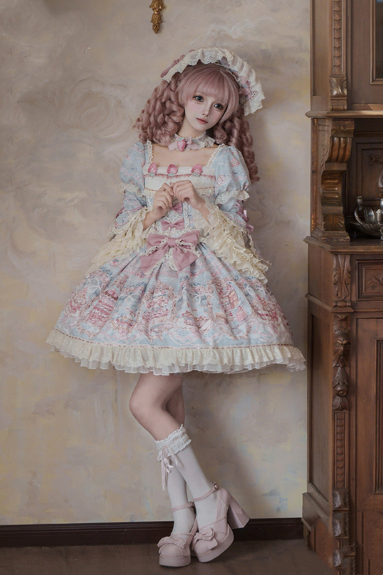 Blue/Pink [Victoria Cake] Square Collar Long Trumpet Sleeves Jacquard Printed Ruffled Bow Lace Sweet Lolita Dress - Product - 3