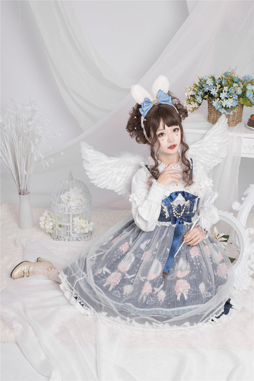 Blue Chiffon Flower Wedding Wearing Veil Princess Sweet Lolita JSK Dress - Product - 5