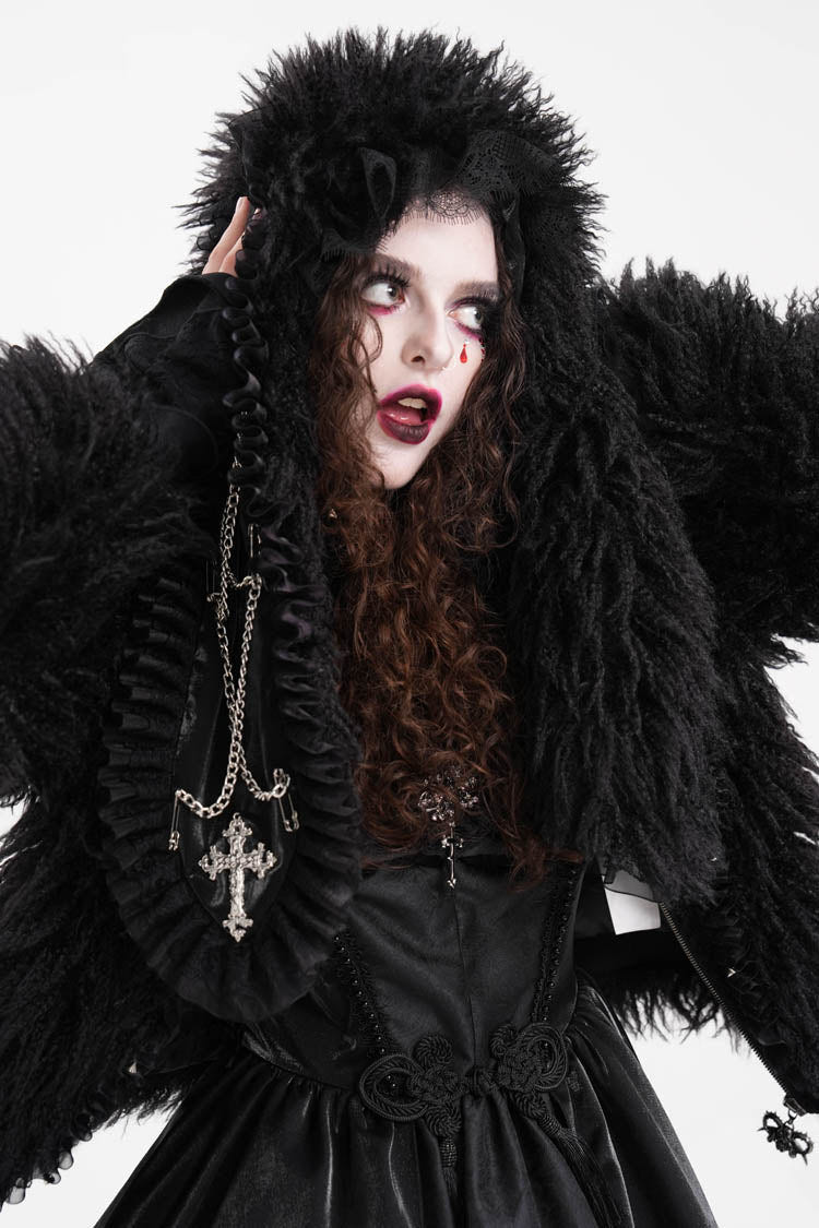 Black Long Sleeves Lace Hooded Zipper Chain Women's Gothic Jacket - Product - 13
