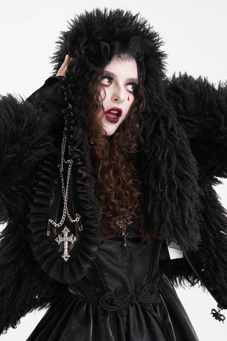 Black Long Sleeves Lace Hooded Zipper Chain Women's Gothic Jacket - Product - 13