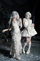 Solid Color [Bionic Doll] Square Collar Multi-Layered Ruffle Bowknot Lace-Up Gothic Lolita Fishtail Skirt Corset Set - Product - 11