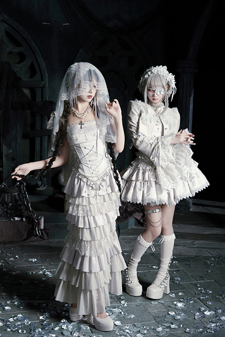 Solid Color [Bionic Doll] Square Collar Multi-Layered Ruffle Bowknot Lace-Up Gothic Lolita Fishtail Skirt Corset Set - Product - 11