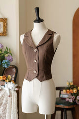 Brown V Collar Printed Classic Vintage College Style Ouji Lolita Vest - Brown - 1