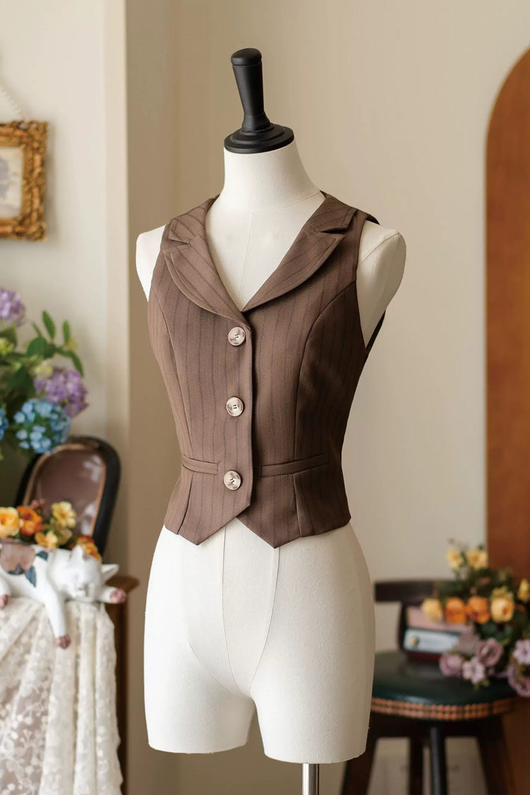 Brown V Collar Printed Classic Vintage College Style Ouji Lolita Vest - Brown - 1