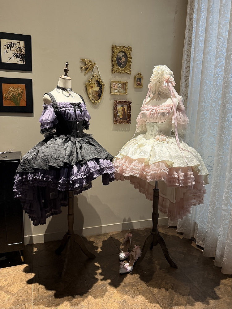 Pink & White Gothic Underbust JSK Dress and Off-Shoulder Blouse Set detail view 9