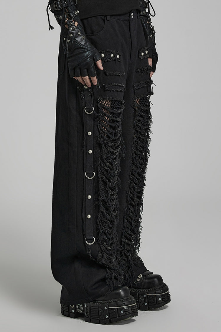 Metal Rivet Decoration Stitching Mesh Ripped Men's Steampunk Straight Pants 2 Colors - Product - 2