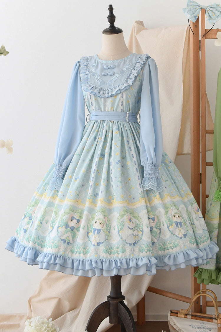 Blue [Lily of the Valley Cat] Print Ruffle Embroidery Bowknot Sweet Lolita Dress - Product - 2