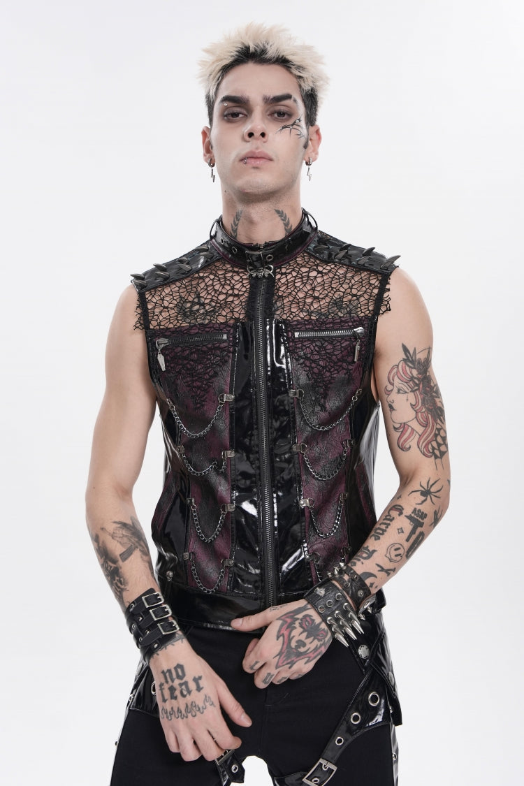 Black Stand Collar Sleeveless Spliced Mesh Studded Zippered Chain-Decorated Eyelet Men's Punk Vest - Product - 13