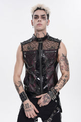 Black Stand Collar Sleeveless Spliced Mesh Studded Zippered Chain-Decorated Eyelet Men's Punk Vest - Product - 13