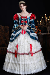 Blue/Ivory Round Collar Long Hime Sleeves Triple-Layered Ruffled Open-Front Bow Lace Classic Vintage Palace Lolita Victorian Dress - Product - 5