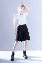 White Stand Collar Shoulder Expansion Spooky Shadow Embroidered Ouji Lolita Short Sleeves - Product - 2