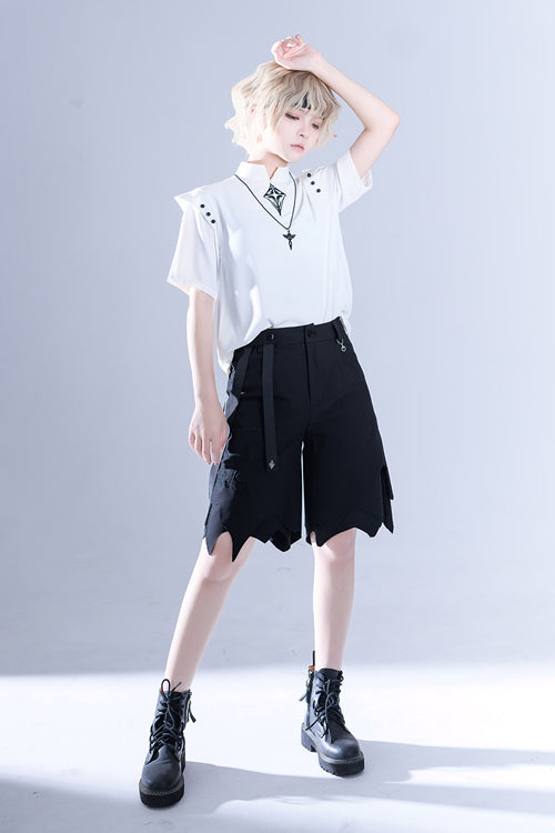 White Stand Collar Shoulder Expansion Spooky Shadow Embroidered Ouji Lolita Short Sleeves - Product - 2