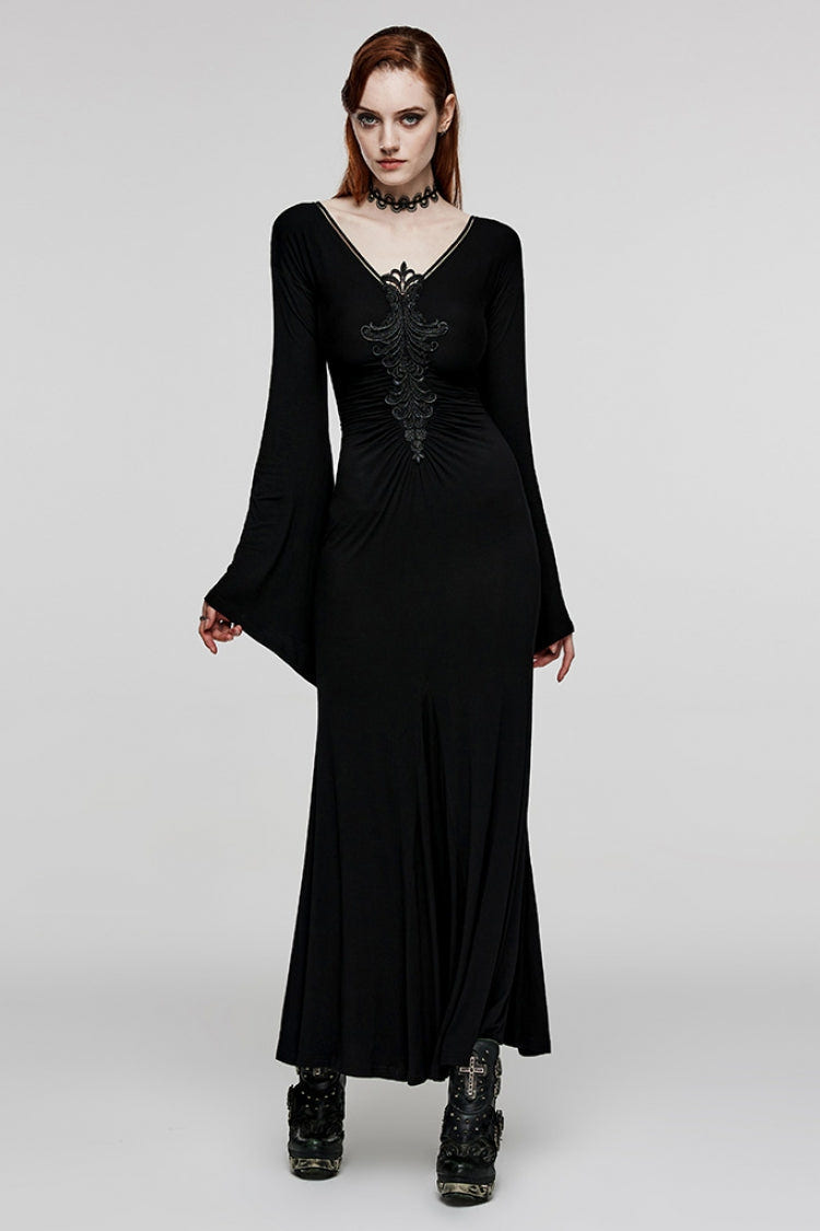 Black V Collar Long Sleeves Floral Embroidery Women's Gothic Dress - Product - 4