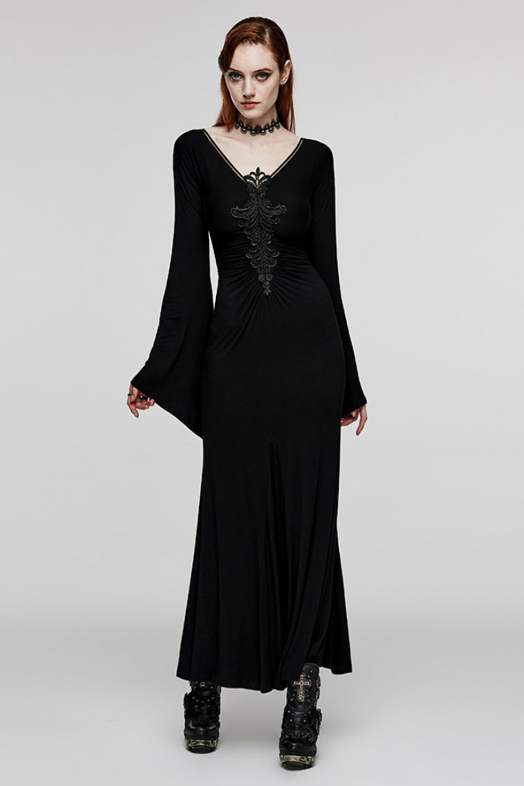 Black V Collar Long Sleeves Floral Embroidery Women's Gothic Dress - Product - 4