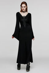 Black V Collar Long Sleeves Floral Embroidery Women's Gothic Dress - Product - 4