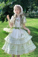 Green Doll Collar Short Sleeves Plaid Print Ruffle Hollow Embroidery Bowknot Sweet Elegant Lolita Dress - Product - 3