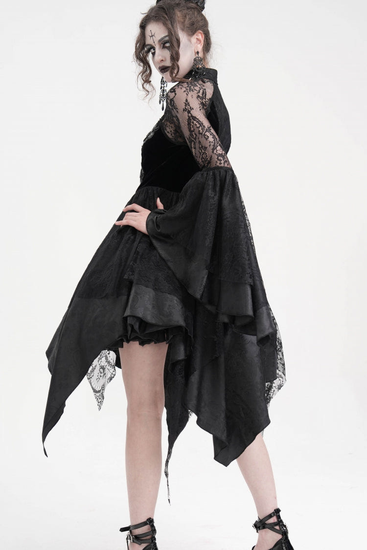 Black Long Sleeves Embroidery Lace Lace-Up Irregular Sheer Mesh Women's Gothic Dress - Product - 9