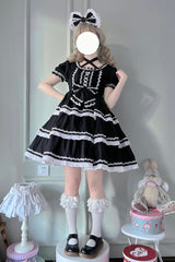 Black Triple-Layered Detachable Sleeves Bowknot Lace-Up Gothic Lolita Dress - Product - 4