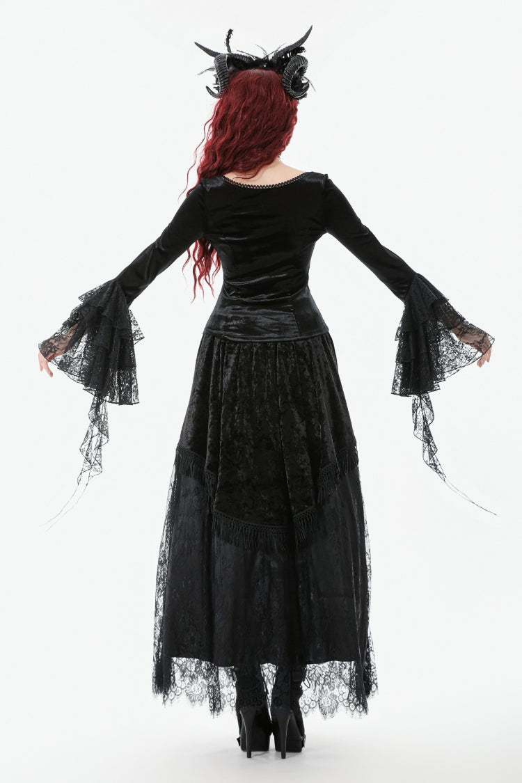 Black Square Collar Multi-Layered Lace Long Flared Sleeves Women's Gothic Palace Velvet Top - Product - 4