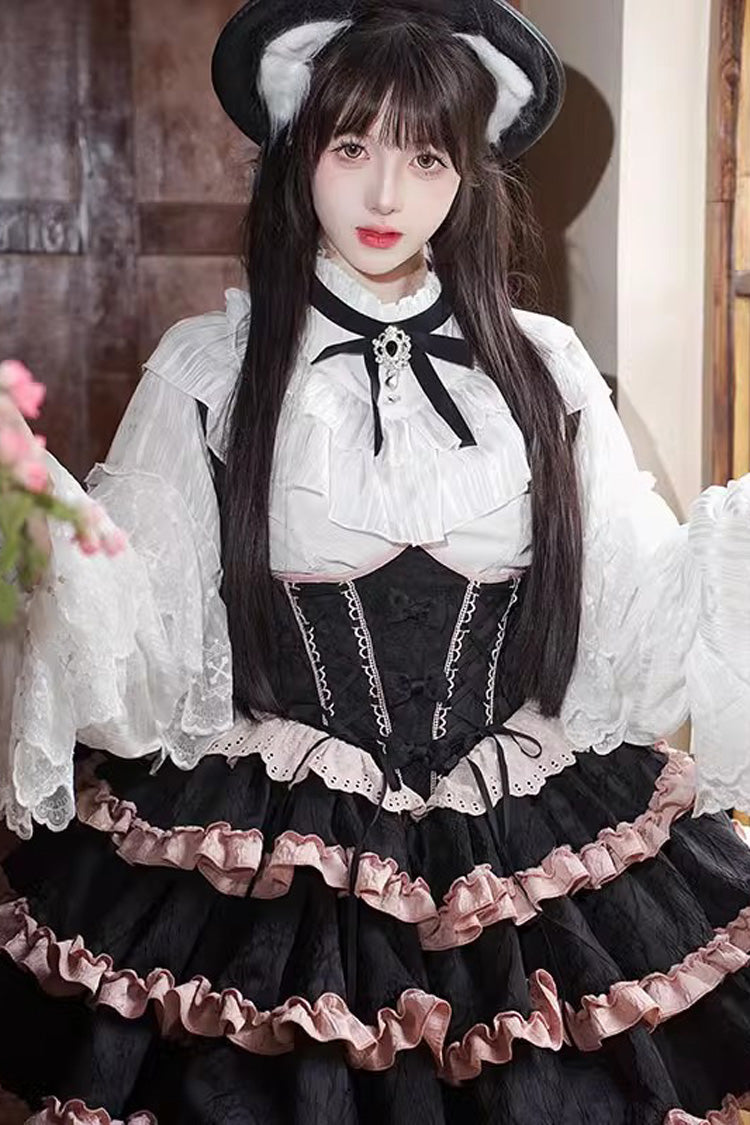 Black/Pink Sleeveless Multi-Layered Ruffle Bowknot Lace-Up Sweet Lolita Strap Dress - Product - 4