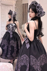 [Stained Glass Dream] Square Collar Sleeveless Printed Embroidered Bow Gothic Lolita Jsk Dress 2 Colors(Black/Purple, White/Purple) - Product - 10