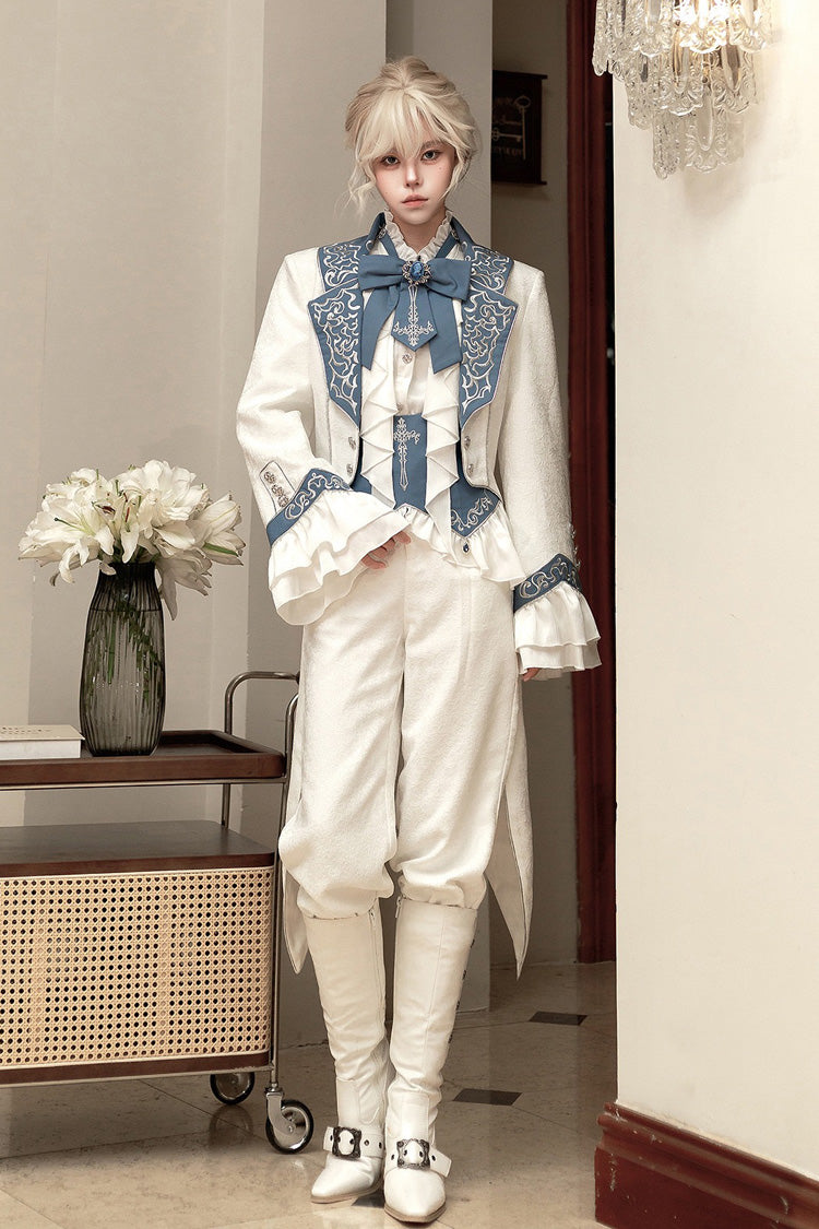 White [Moonlit Paladin Prince] Ruffle Embroidery Bowknot Classic Prince Handsome Ouji Lolita Set - Product - 9