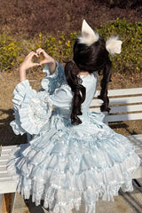 Blue [The Soloist Doll] Long Hime Sleeves Multi-Layered Print Ruffle Bowknot Asymmetric Sweet Lolita Dress - Product - 13