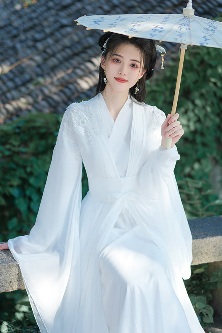 White Fairy-Like Long Trumpet Sleeves Embroidered Sweet Ancient Chinese Inspired Hanfu Dress - Product - 5