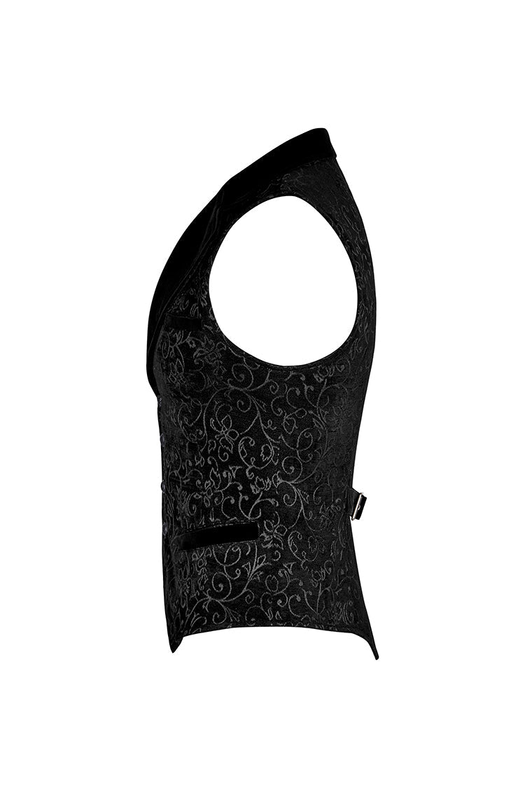 Black Jacquard Velvet Gothic Vintage V Collar Print Mens Vest - Product - 7