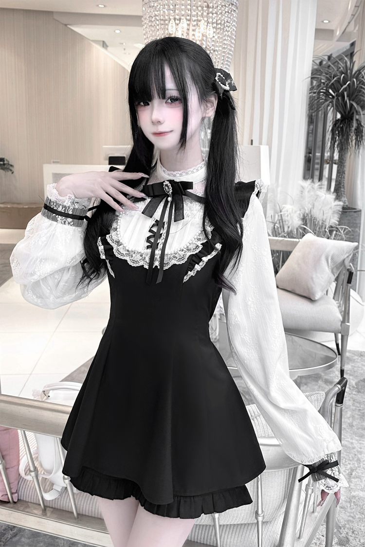 [First Love Contract] Print Bowknot Lace Gothic Jirai Kei Dress Set 4 Versions - Black-Long-Sleeves - 2