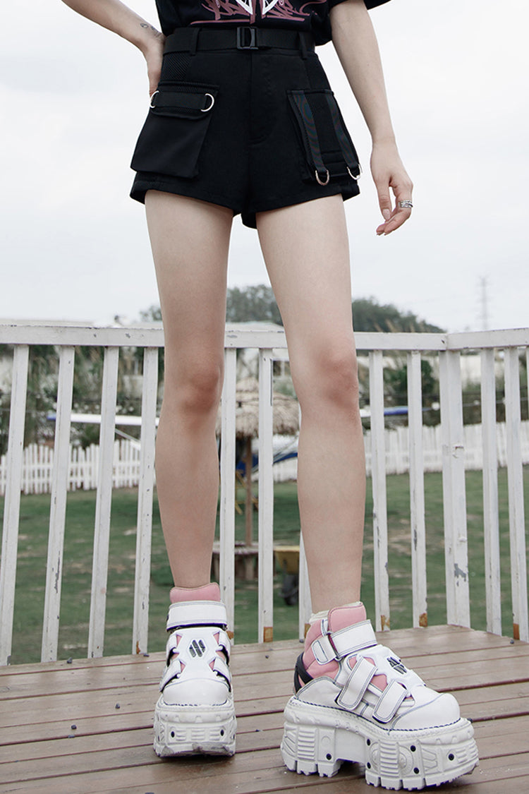 Black Clasp Belt Multi-Level Pocket Pit Ribbon Decoration High Waist Women's Punk Shorts - Black - 1