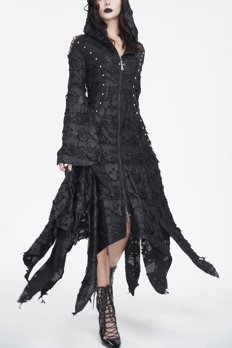 Black Long Trumpet Sleeves Irregular Hooded Womens Gothic Dress - Black - 1