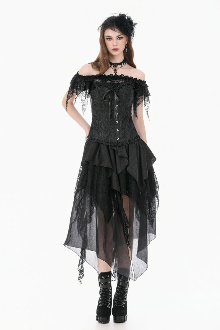 Black Jacquard Ruffled Lace Lace-Up Women's Gothic Overbust Corset - Product - 10