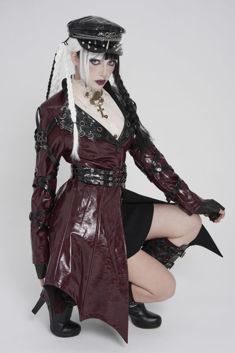 Red Lapel Collar Long Sleeves Lace-Up Irregular Eyelets & Rings Women's Punk Coat - Product - 7
