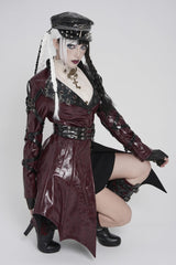 Red Lapel Collar Long Sleeves Lace-Up Irregular Eyelets & Rings Women's Punk Coat - Product - 7