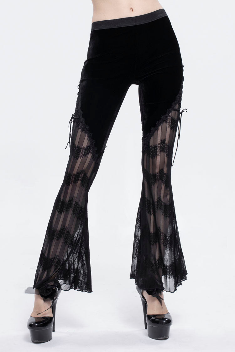Black Striped Panel Semi Sheer Lace Up Long Women's Gothic Pants - Product - 2