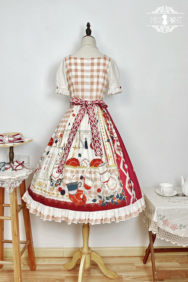 Red [Tea Party] Short Sleeves Print Ruffle Bowknot Lace Sweet Elegant Lolita Dress - Product - 8