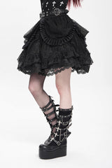 Black Multi-Layered Ruffle Buckle Straps Women's Gothic Skirt - Product - 4