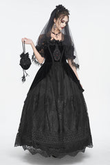 Black Off Shoulder High Waisted Print Lace Women's Gothic Dress - Product - 4