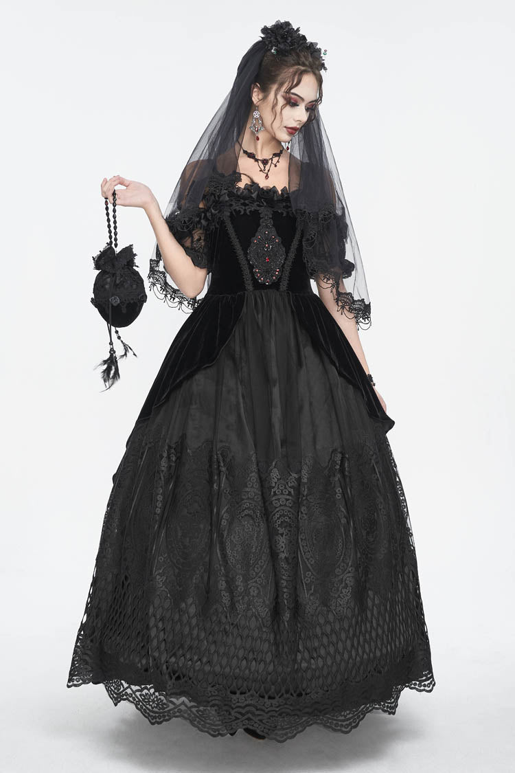 Black Off Shoulder High Waisted Print Lace Women's Gothic Dress - Product - 4