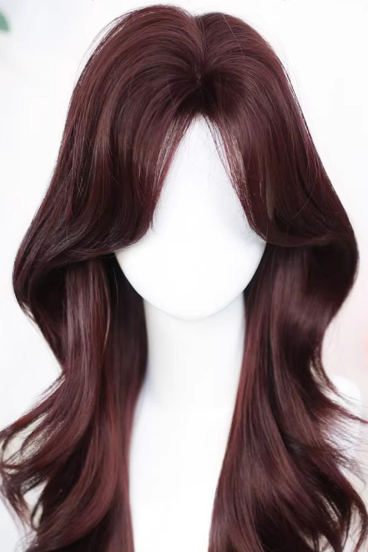 Wine Red Curtain Bangs Soft Long Curls Sweet Lolita Wig - Product - 3