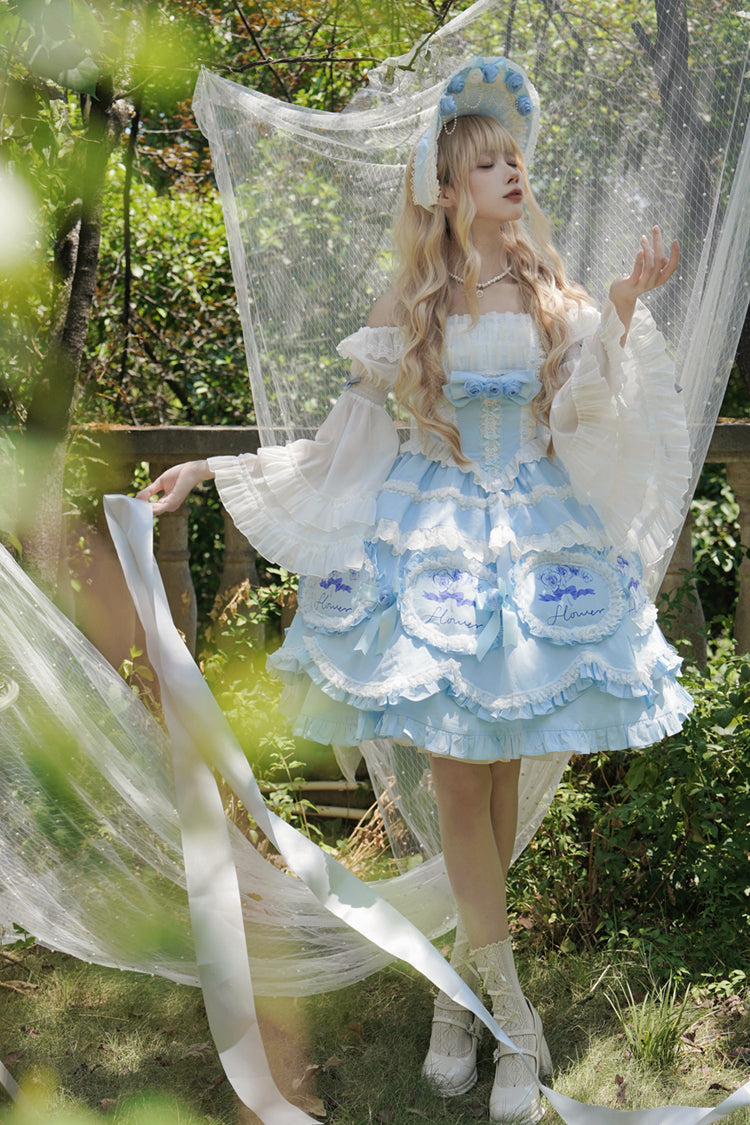 Blue [Butterfly Dream] Multi-Layered Print Ruffle Bowknot Sweet Princess Lolita Jsk Dress - Product - 5