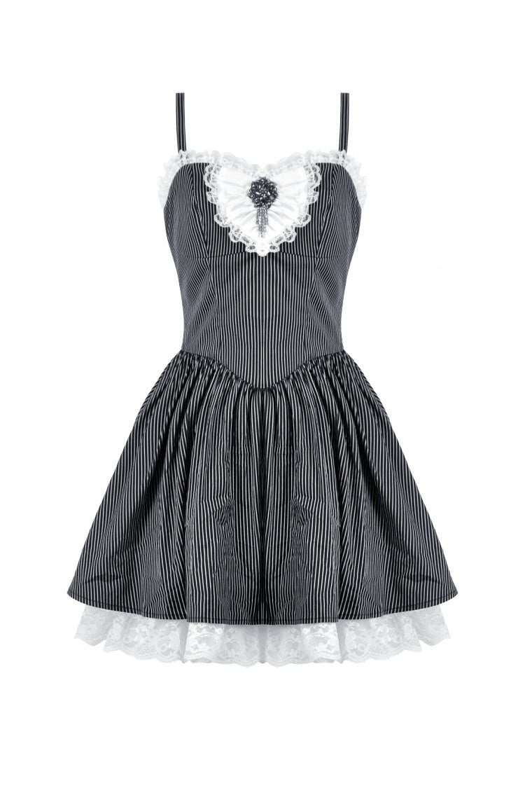 Black/White Pinstriped Sleeveless Lace Lace-Up Women's Gothic Lolita Slip Dress Graduation Dress - Product - 3