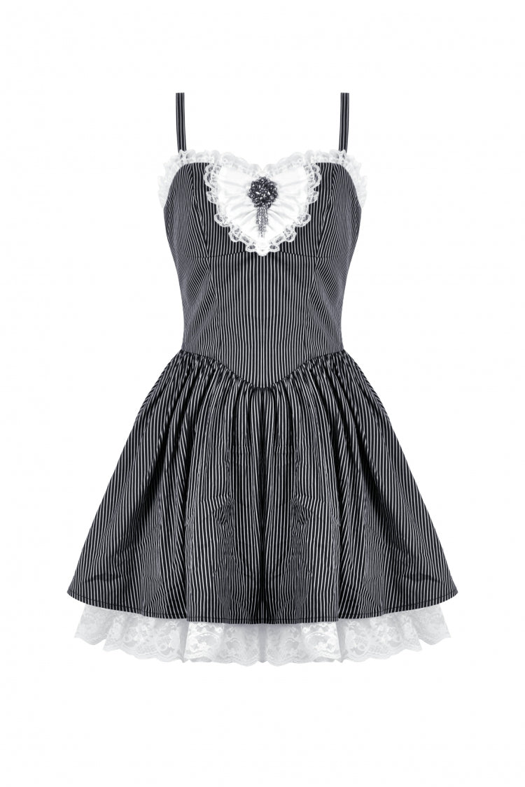Black/White Pinstriped Sleeveless Lace Lace-Up Women's Gothic Lolita Slip Dress Graduation Dress - Product - 3