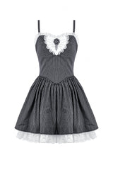 Black/White Pinstriped Sleeveless Lace Lace-Up Women's Gothic Lolita Slip Dress Graduation Dress - Product - 3