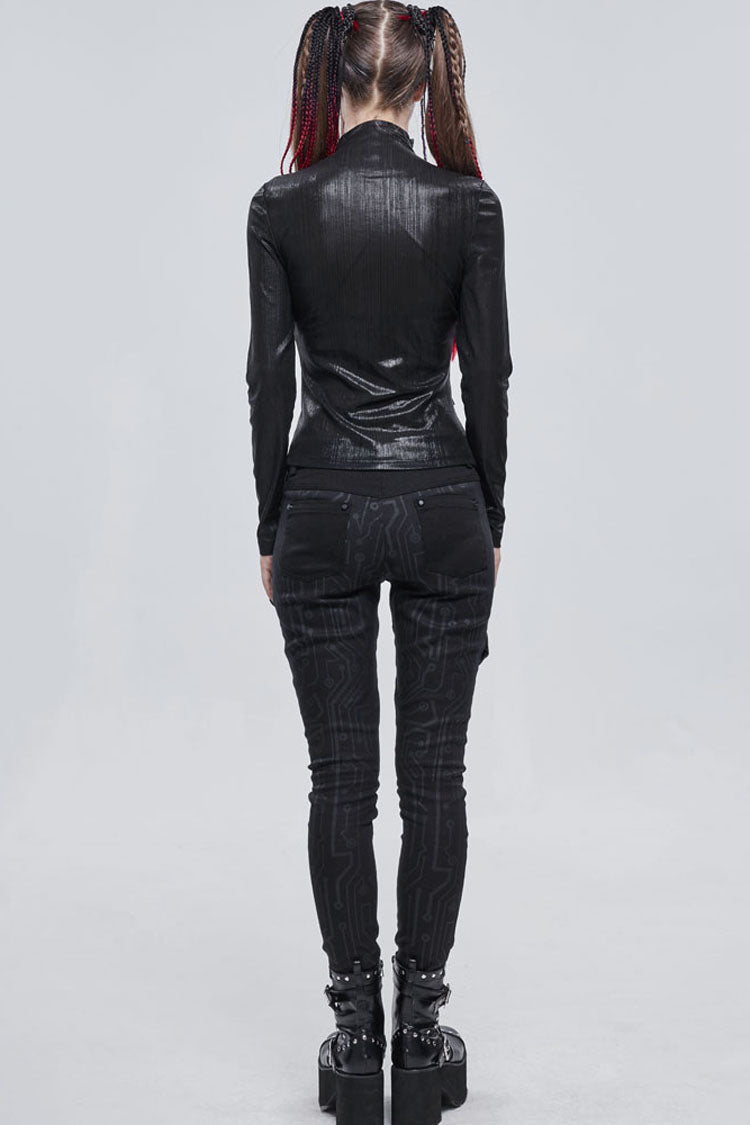 Black Punk Shimmery Stretch Fabric With Zipper Metal Pentagram Pendant Women's Shirt - Product - 7