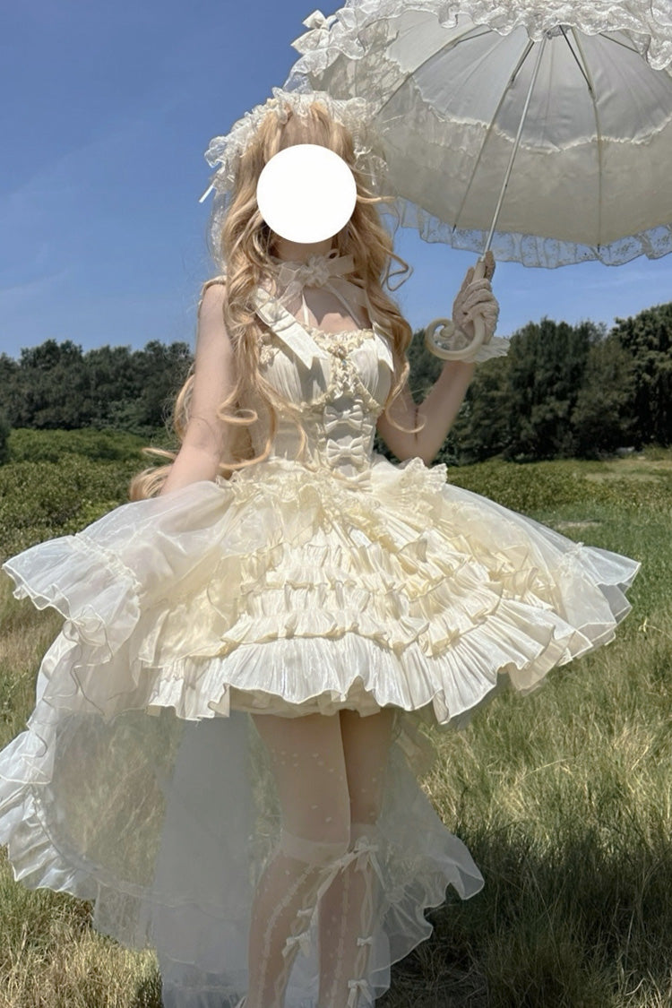 Apricot [Cream Cake] Sleeveless Multi-Layered Ruffle Bowknot Sweet Princess Lolita Jsk Dress Set - Product - 2