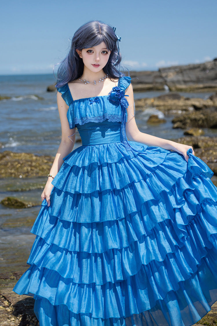 [Bubble Rain] Flutter Sleeves Multi-Layered Ruffled Sweet Lolita Jsk Dress 2 Colors (Yellow, Blue) - Product - 3